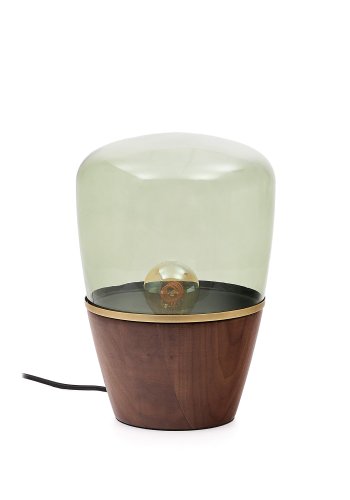 KAVE HOME Silex bordlampe, rund - grnt glass og brun valntt finish (20)