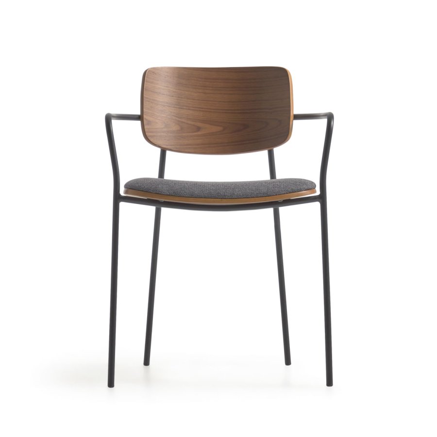 KAVE HOME Maureen spisebordsstol, med armlener - brun valnttfiner, stoff og svart metall