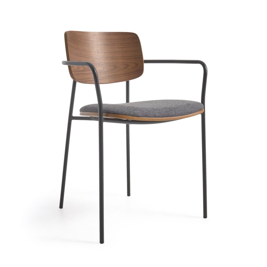 KAVE HOME Maureen spisebordsstol, med armlener - brun valnttfiner, stoff og svart metall