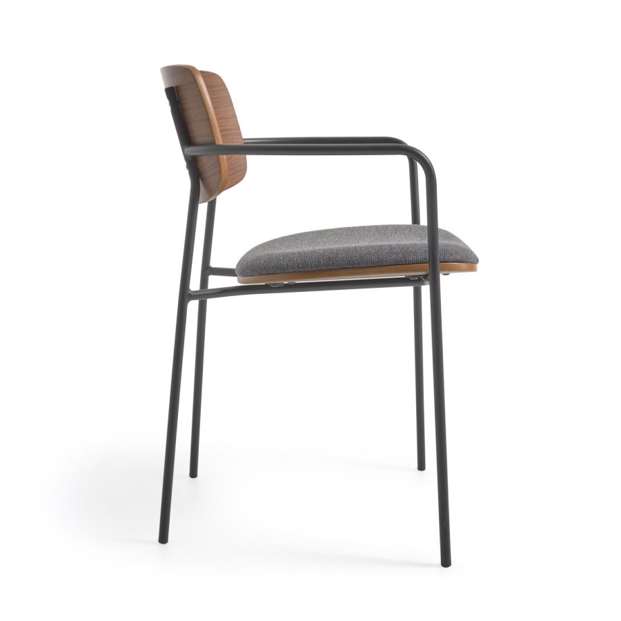 KAVE HOME Maureen spisebordsstol, med armlener - brun valnttfiner, stoff og svart metall