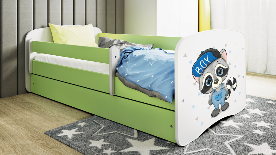 Babydreams juniorsng med tvttbjrn, med madrass, stdbrda och lda - vitt och grnt laminat (180x80)