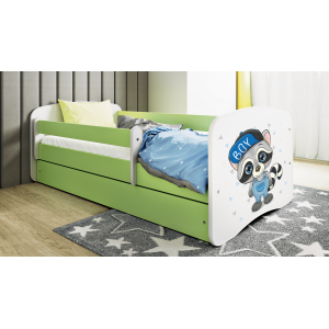 Babydreams juniorseng med vaskebjrn, m. madras, sengehest og skuffe - hvid og grn laminat (140x70)