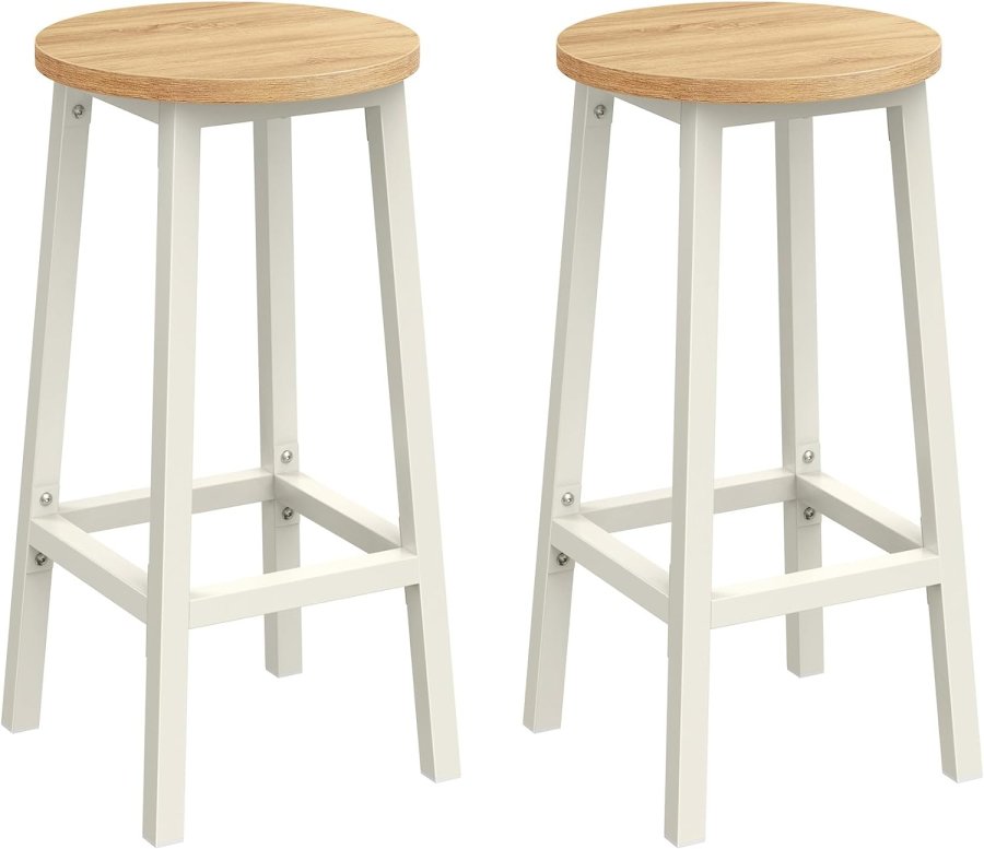 VASAGLE Barstol, S�t med 2, K�kkenstol, H�j s�de, Metalstel, Nem Montering, Med Fodst�tte, Til K�kken, Stue, Spisestue, Klassisk Beige og Hvid Eg LBC032W09