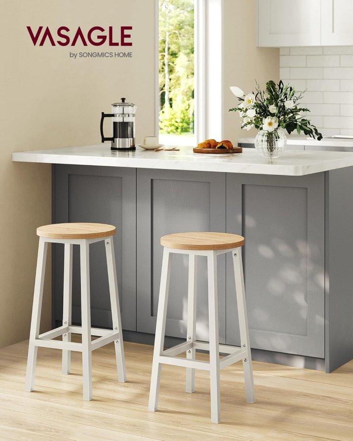 VASAGLE Barstol, S�t med 2, K�kkenstol, H�j s�de, Metalstel, Nem Montering, Med Fodst�tte, Til K�kken, Stue, Spisestue, Klassisk Beige og Hvid Eg LBC032W09