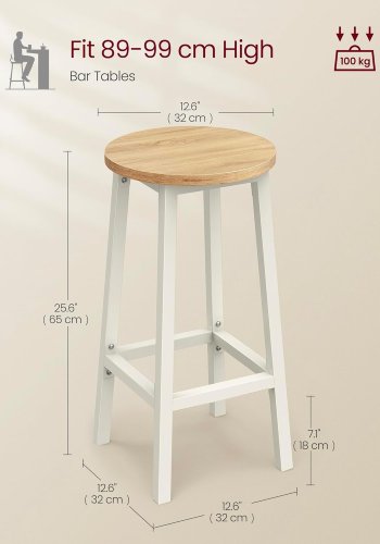 VASAGLE Barstol, S�t med 2, K�kkenstol, H�j s�de, Metalstel, Nem Montering, Med Fodst�tte, Til K�kken, Stue, Spisestue, Klassisk Beige og Hvid Eg LBC032W09
