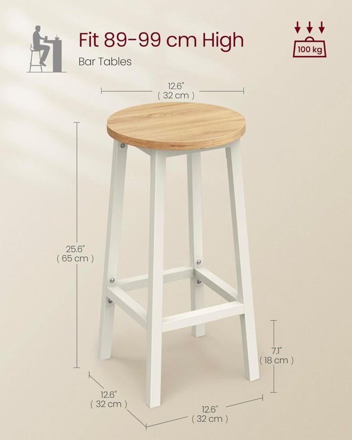 VASAGLE Barstol, S�t med 2, K�kkenstol, H�j s�de, Metalstel, Nem Montering, Med Fodst�tte, Til K�kken, Stue, Spisestue, Klassisk Beige og Hvid Eg LBC032W09