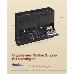VASAGLE Skoskab med 4 klapper, skoopbevaring, justerbar til 16-28 par sko, entr&eacute;, 24 x 105,5 x 82,7 cm, ibenholt, sort LBC035B01