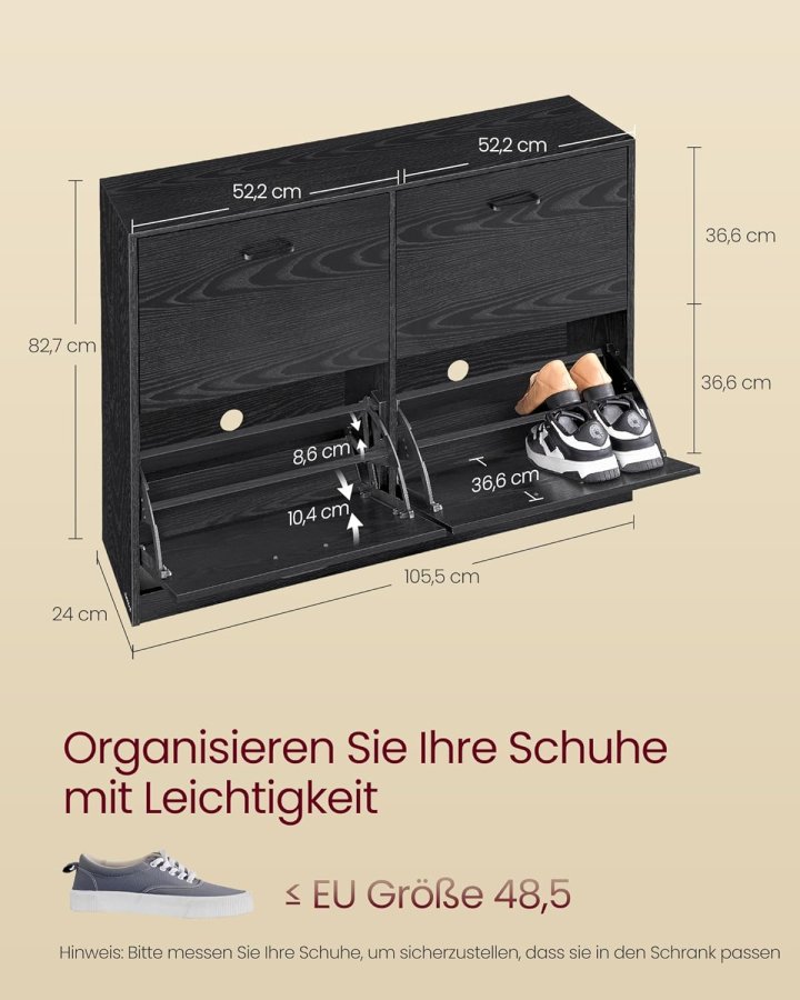 VASAGLE Skoskab med 4 klapper, skoopbevaring, justerbar til 16-28 par sko, entr&eacute;, 24 x 105,5 x 82,7 cm, ibenholt, sort LBC035B01