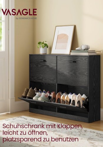 VASAGLE Skoskab med 4 klapper, skoopbevaring, justerbar til 16-28 par sko, entr&eacute;, 24 x 105,5 x 82,7 cm, ibenholt, sort LBC035B01