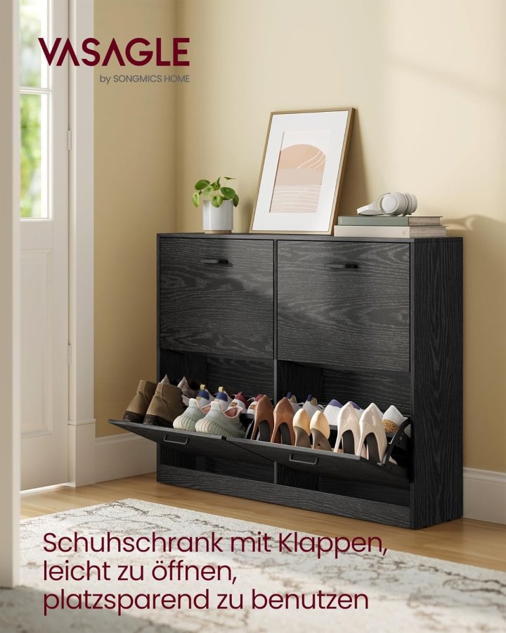 VASAGLE Skoskab med 4 klapper, skoopbevaring, justerbar til 16-28 par sko, entr&eacute;, 24 x 105,5 x 82,7 cm, ibenholt, sort LBC035B01