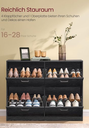 VASAGLE Skoskab med 4 klapper, skoopbevaring, justerbar til 16-28 par sko, entr&eacute;, 24 x 105,5 x 82,7 cm, ibenholt, sort LBC035B01