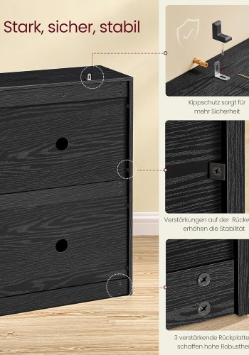 VASAGLE Skoskab med 4 klapper, skoopbevaring, justerbar til 16-28 par sko, entr&eacute;, 24 x 105,5 x 82,7 cm, ibenholt, sort LBC035B01