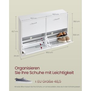 VASAGLE LBC035W01 Skoskab med 4 klapper, skohylde, skoopbevaringsdeler, justerbar, til 16-28 par sko, entr&eacute;, 24 x 105,5 x 82,7 cm, snehvid