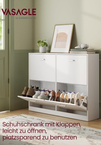 VASAGLE LBC035W01 Skoskab med 4 klapper, skohylde, skoopbevaringsdeler, justerbar, til 16-28 par sko, entr&eacute;, 24 x 105,5 x 82,7 cm, snehvid