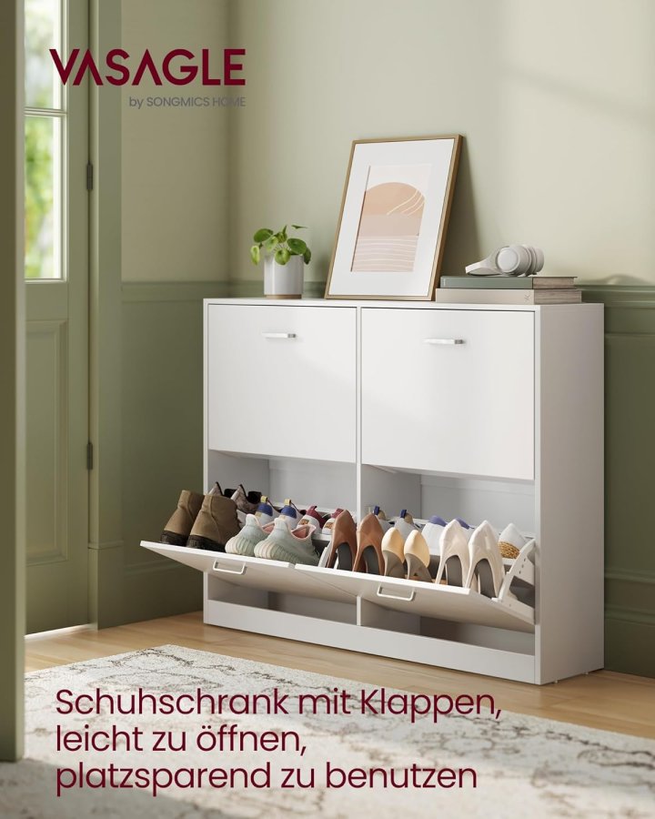 VASAGLE LBC035W01 Skoskab med 4 klapper, skohylde, skoopbevaringsdeler, justerbar, til 16-28 par sko, entr&eacute;, 24 x 105,5 x 82,7 cm, snehvid