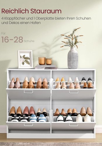 VASAGLE LBC035W01 Skoskab med 4 klapper, skohylde, skoopbevaringsdeler, justerbar, til 16-28 par sko, entr&eacute;, 24 x 105,5 x 82,7 cm, snehvid