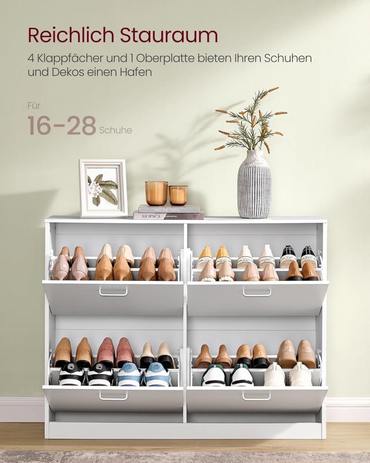 VASAGLE LBC035W01 Skoskab med 4 klapper, skohylde, skoopbevaringsdeler, justerbar, til 16-28 par sko, entr&eacute;, 24 x 105,5 x 82,7 cm, snehvid
