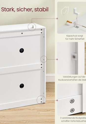 VASAGLE LBC035W01 Skoskab med 4 klapper, skohylde, skoopbevaringsdeler, justerbar, til 16-28 par sko, entr&eacute;, 24 x 105,5 x 82,7 cm, snehvid