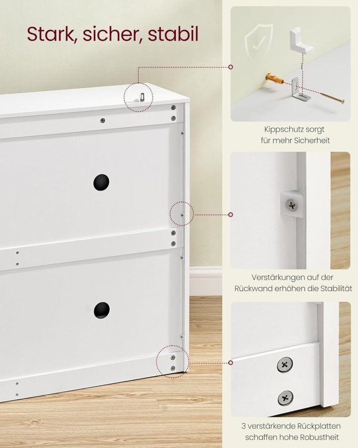 VASAGLE LBC035W01 Skoskab med 4 klapper, skohylde, skoopbevaringsdeler, justerbar, til 16-28 par sko, entr&eacute;, 24 x 105,5 x 82,7 cm, snehvid
