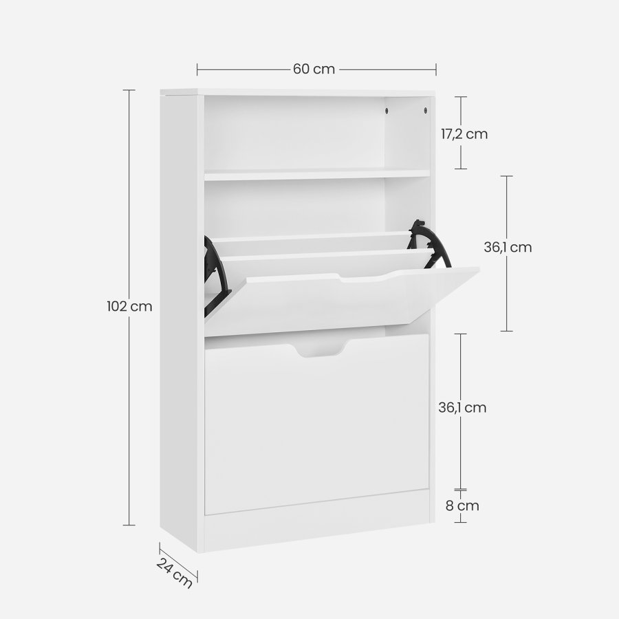 VASAGLE LBC040W01V1 Skoskab med 2 rum til entr&eacute;, stue, sovev�relse, 60 x 24 x 102 cm, hvid