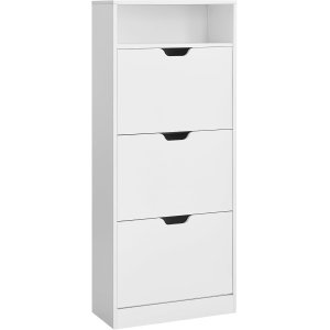 VASAGLE Skoskab med 3 h�ngslede d�re, skohylde, �bent rum, justerbar rumdeler, 14 til 18 par, til lille indgang, 24 x 60 x 139 cm, Cloud White LBC046W01