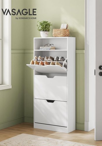 VASAGLE Schuhschrank mit 3 Fl�gelt�ren, Schuhablage, offenem Fach, verstellbarem Raumteiler, 14 bis 18 Paar Schuhe, f�r kleine Eingangsbereiche, 24 x 60 x 139 cm, Wolkenwei� LBC046W01