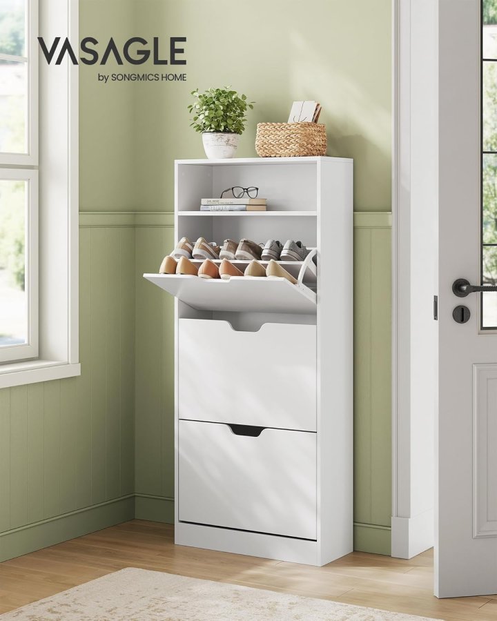 VASAGLE Skoskab med 3 h�ngslede d�re, skohylde, �bent rum, justerbar rumdeler, 14 til 18 par, til lille indgang, 24 x 60 x 139 cm, Cloud White LBC046W01