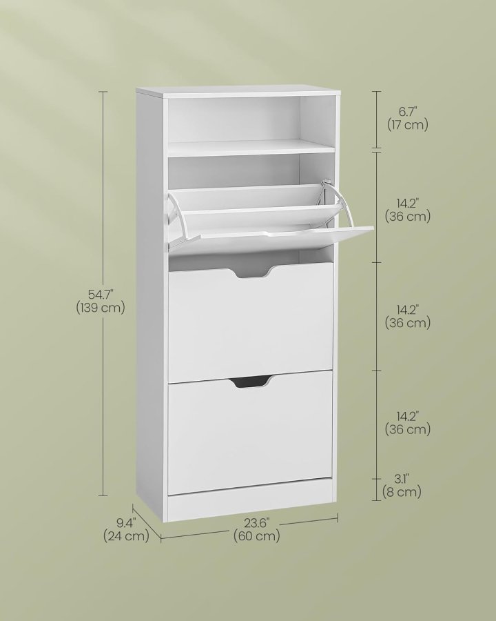 VASAGLE Skoskab med 3 h�ngslede d�re, skohylde, �bent rum, justerbar rumdeler, 14 til 18 par, til lille indgang, 24 x 60 x 139 cm, Cloud White LBC046W01