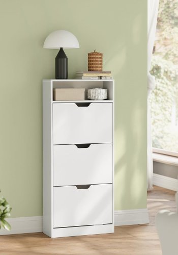 VASAGLE Skoskab med 3 h�ngslede d�re, skohylde, �bent rum, justerbar rumdeler, 14 til 18 par, til lille indgang, 24 x 60 x 139 cm, Cloud White LBC046W01