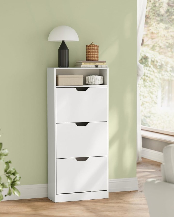 VASAGLE Skoskab med 3 h�ngslede d�re, skohylde, �bent rum, justerbar rumdeler, 14 til 18 par, til lille indgang, 24 x 60 x 139 cm, Cloud White LBC046W01