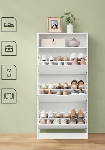 VASAGLE Skoskab med 3 h�ngslede d�re, skohylde, �bent rum, justerbar rumdeler, 14 til 18 par, til lille indgang, 24 x 60 x 139 cm, Cloud White LBC046W01