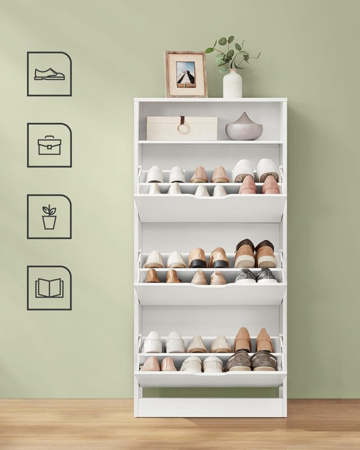 VASAGLE Skoskab med 3 h�ngslede d�re, skohylde, �bent rum, justerbar rumdeler, 14 til 18 par, til lille indgang, 24 x 60 x 139 cm, Cloud White LBC046W01