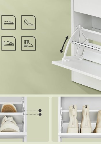 VASAGLE Skoskab med 3 h�ngslede d�re, skohylde, �bent rum, justerbar rumdeler, 14 til 18 par, til lille indgang, 24 x 60 x 139 cm, Cloud White LBC046W01