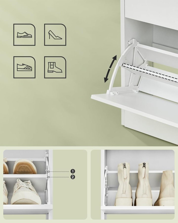 VASAGLE Skoskab med 3 h�ngslede d�re, skohylde, �bent rum, justerbar rumdeler, 14 til 18 par, til lille indgang, 24 x 60 x 139 cm, Cloud White LBC046W01