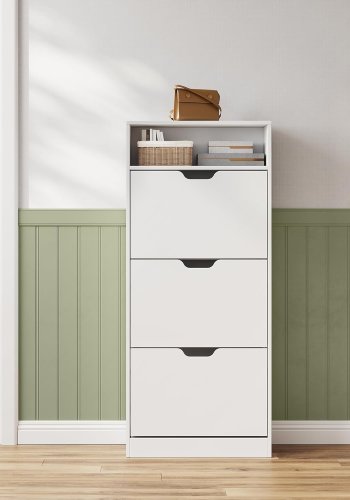VASAGLE Skoskab med 3 h�ngslede d�re, skohylde, �bent rum, justerbar rumdeler, 14 til 18 par, til lille indgang, 24 x 60 x 139 cm, Cloud White LBC046W01