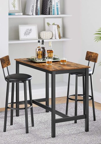 VASAGLE barkrakk, med rygg og fotsttte - rustikk brun sponplate og sort PU/stl (sett med 2)