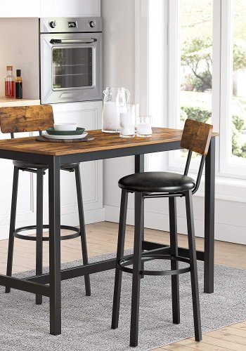 VASAGLE barkrakk, med rygg og fotsttte - rustikk brun sponplate og sort PU/stl (sett med 2)