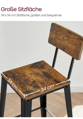 VASAGLE barkrakk, med ryggsttte og fotsttte - rustikk brun sponplate og sort stl (sett med 2)