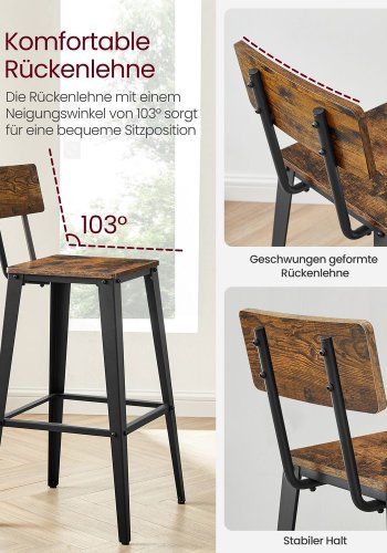 VASAGLE barkrakk, med ryggsttte og fotsttte - rustikk brun sponplate og sort stl (sett med 2)