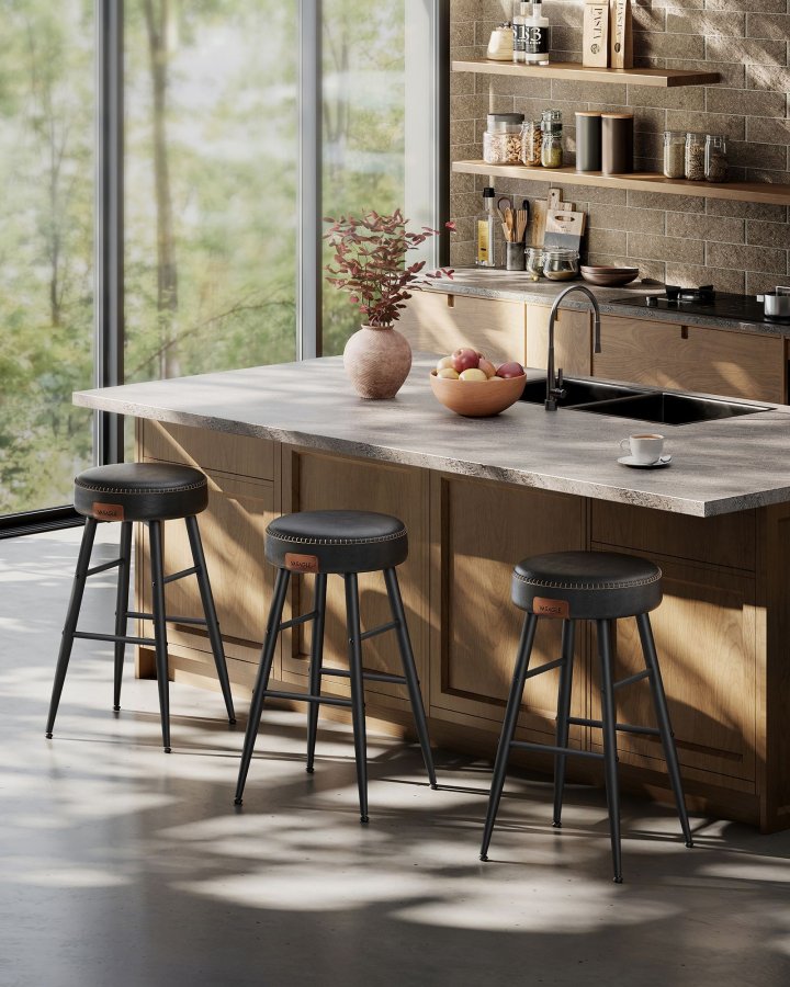 VASAGLE EKHO Kollektion - Barstole s�t med 2, K�kkenbordsstole, Morgenmadsstole, Syntetisk l�der med syninger, 61 cm h�j, Hjemmebar Spisestue, Nem montering, Bl�ksort LBC080B01
