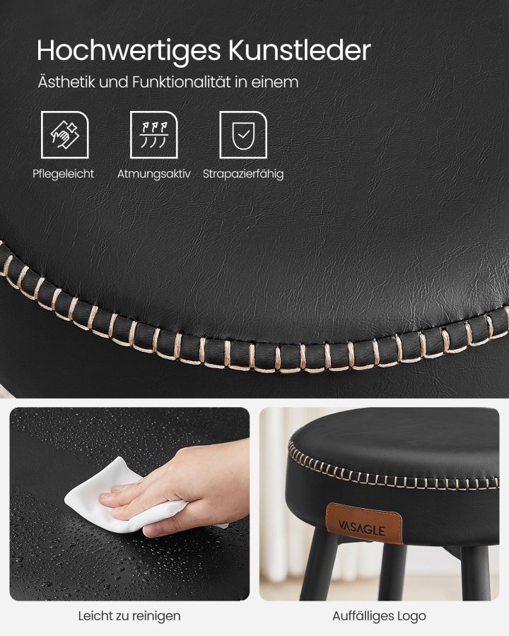 VASAGLE EKHO Kollektion - Barstole s�t med 2, K�kkenbordsstole, Morgenmadsstole, Syntetisk l�der med syninger, 61 cm h�j, Hjemmebar Spisestue, Nem montering, Bl�ksort LBC080B01