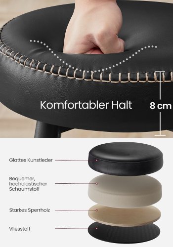 VASAGLE EKHO Kollektion - Barstole s�t med 2, K�kkenbordsstole, Morgenmadsstole, Syntetisk l�der med syninger, 61 cm h�j, Hjemmebar Spisestue, Nem montering, Bl�ksort LBC080B01