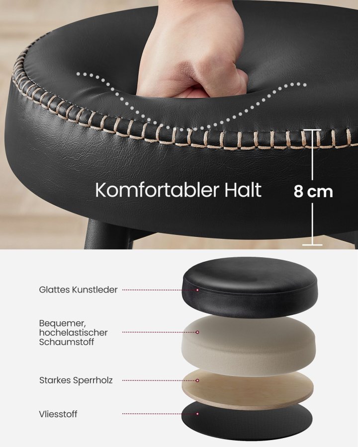VASAGLE EKHO Kollektion - Barstole s�t med 2, K�kkenbordsstole, Morgenmadsstole, Syntetisk l�der med syninger, 61 cm h�j, Hjemmebar Spisestue, Nem montering, Bl�ksort LBC080B01
