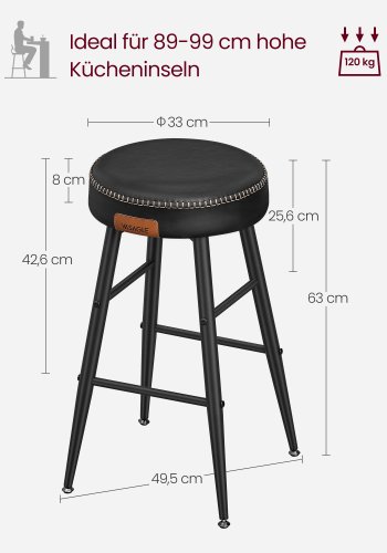 VASAGLE EKHO Kollektion - Barstole s�t med 2, K�kkenbordsstole, Morgenmadsstole, Syntetisk l�der med syninger, 61 cm h�j, Hjemmebar Spisestue, Nem montering, Bl�ksort LBC080B01