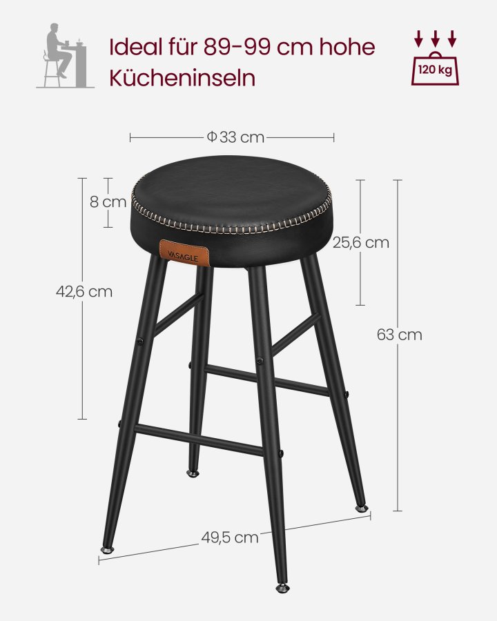 VASAGLE EKHO Kollektion - Barstole s�t med 2, K�kkenbordsstole, Morgenmadsstole, Syntetisk l�der med syninger, 61 cm h�j, Hjemmebar Spisestue, Nem montering, Bl�ksort LBC080B01
