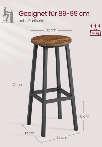 VASAGLE S�t med 2 barstole med metalstel og fodst�tte, nem at samle H�jde 74 cm K�kken Stue Spisestue Rustik Brun Sort LBC132K01