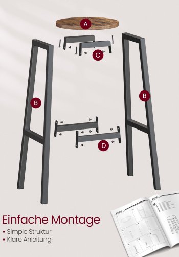 VASAGLE S�t med 2 barstole med metalstel og fodst�tte, nem at samle H�jde 74 cm K�kken Stue Spisestue Rustik Brun Sort LBC132K01