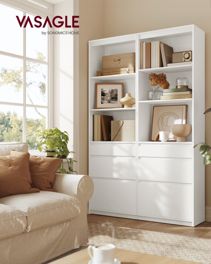 VASAGLE KAILYN Collection - Bokhylla, med 3 l�dor, justerbara hyllplan, 180 cm h&ouml;g, f&ouml;r vardagsrum, sovrum, hemmakontor, modern, platsbesparande, sn&ouml;vit LBC188W01