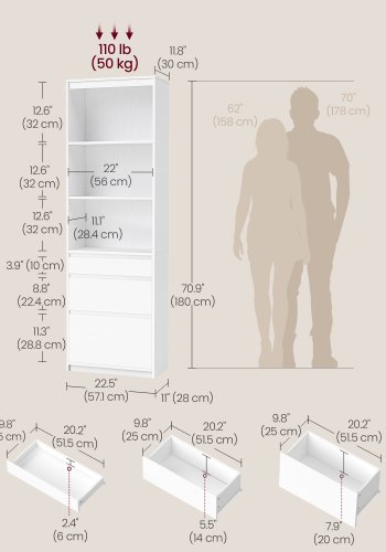 VASAGLE KAILYN Collection - Bokhylla, med 3 l�dor, justerbara hyllplan, 180 cm h&ouml;g, f&ouml;r vardagsrum, sovrum, hemmakontor, modern, platsbesparande, sn&ouml;vit LBC188W01