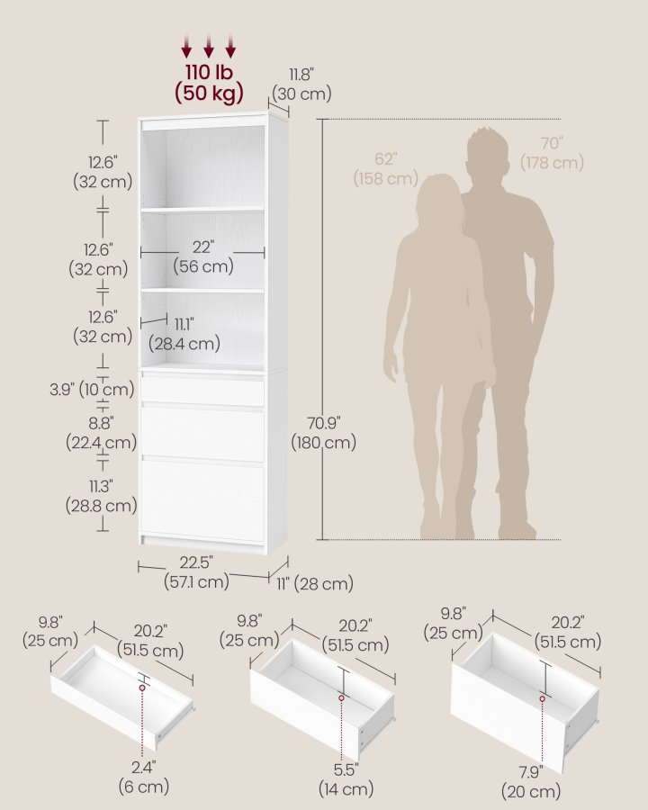 VASAGLE KAILYN Collection - Bokhylla, med 3 l�dor, justerbara hyllplan, 180 cm h&ouml;g, f&ouml;r vardagsrum, sovrum, hemmakontor, modern, platsbesparande, sn&ouml;vit LBC188W01